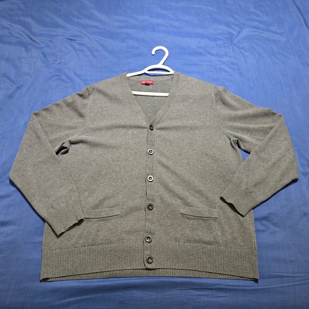 Merona Cardigan Sweater Mens Large Gray 100% Cotton V-Neck Button Front Pocket